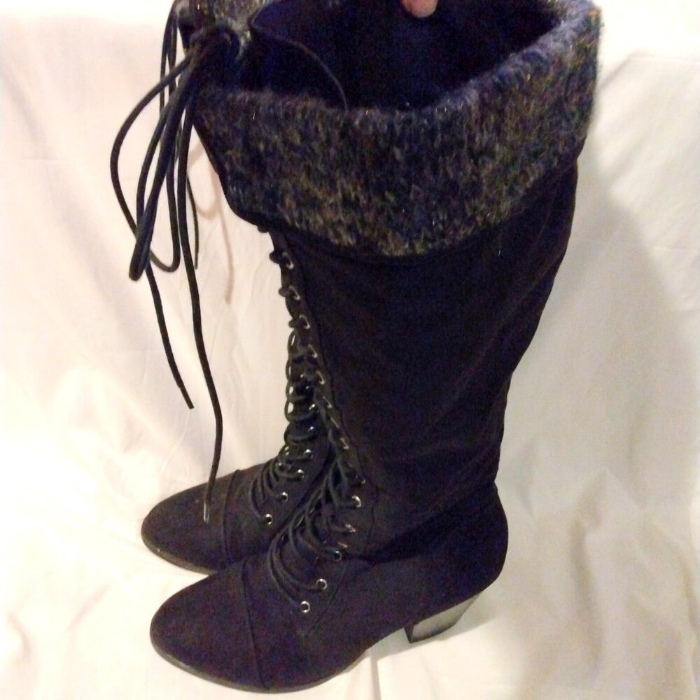 Torrid Black Lace Up Tall Boots 10.5WW Cozycore Streetwear Chunky Heel Combat - Picture 4 of 11